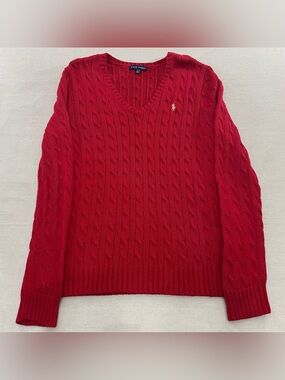 Ralph Lauren Cable Knit V Neck Sweater Womens Sz XL Red Holiday Gold Pony